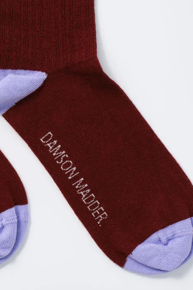 Women Socks Damson Madder Calf Length Socks 8211 Burgundy and Lilac Stripe