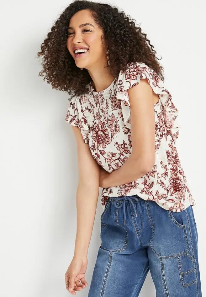 Women Soft White Floral Smocked Flutter Sleeve Blouse Maurices Tops