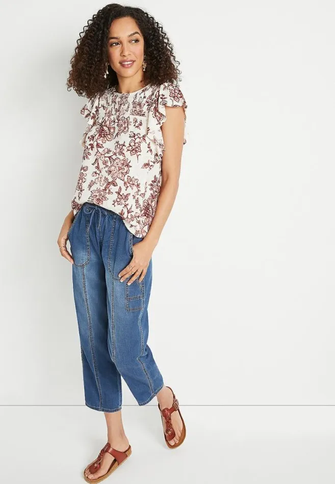 Women Soft White Floral Smocked Flutter Sleeve Blouse Maurices Tops