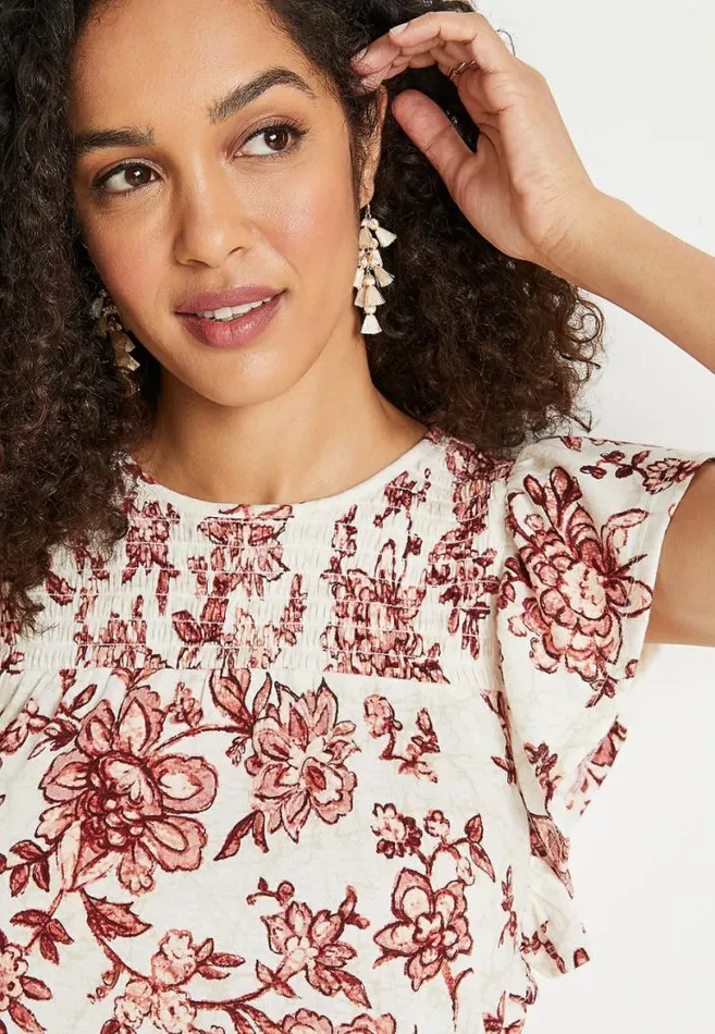 Women Soft White Floral Smocked Flutter Sleeve Blouse Maurices Tops