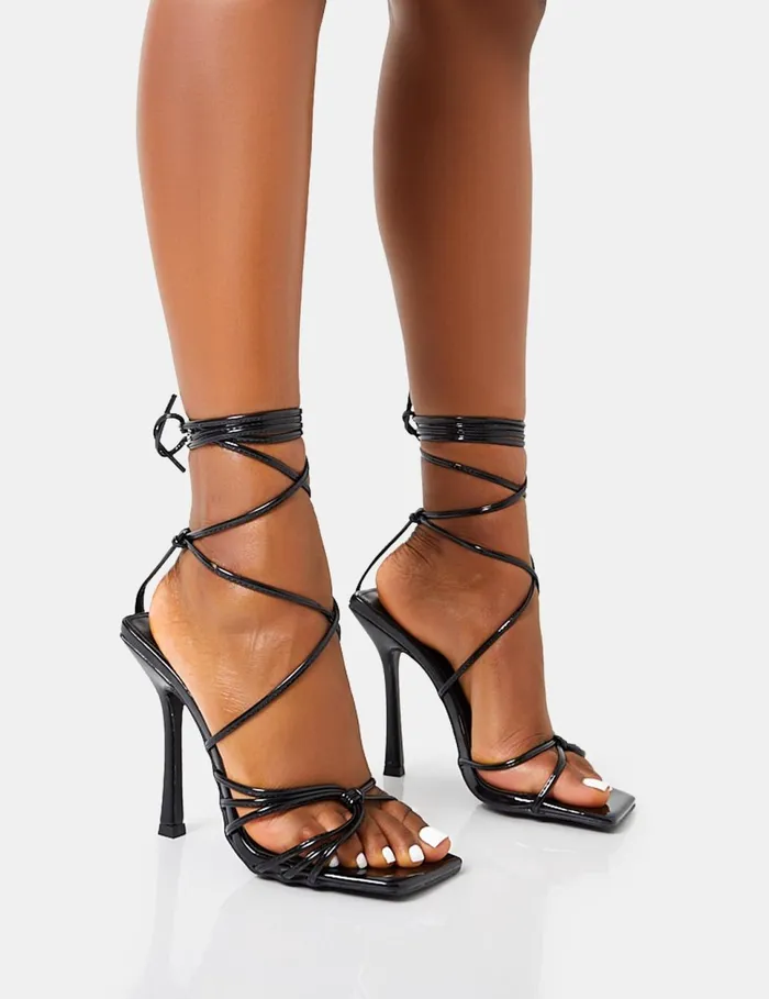 Women Solange Wide Fit Black Patent Lace Up Strappy Square Toe High Heels Black Public Desire Lace Up Heels Women Solange Wide Fit Black Patent Lace Up Strappy Square Toe High Heels Black Public Desire Lace Up Heels