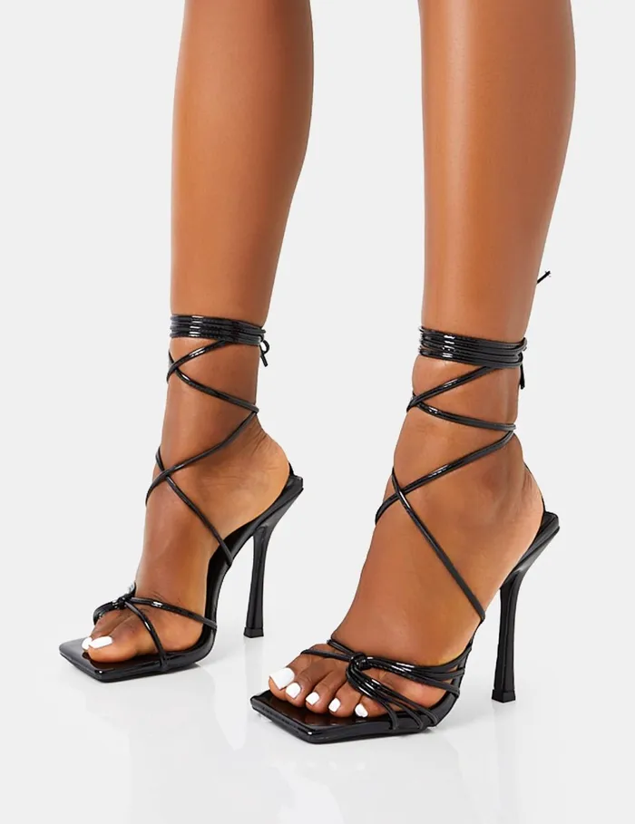 Women Solange Wide Fit Black Patent Lace Up Strappy Square Toe High Heels Black Public Desire Lace Up Heels
