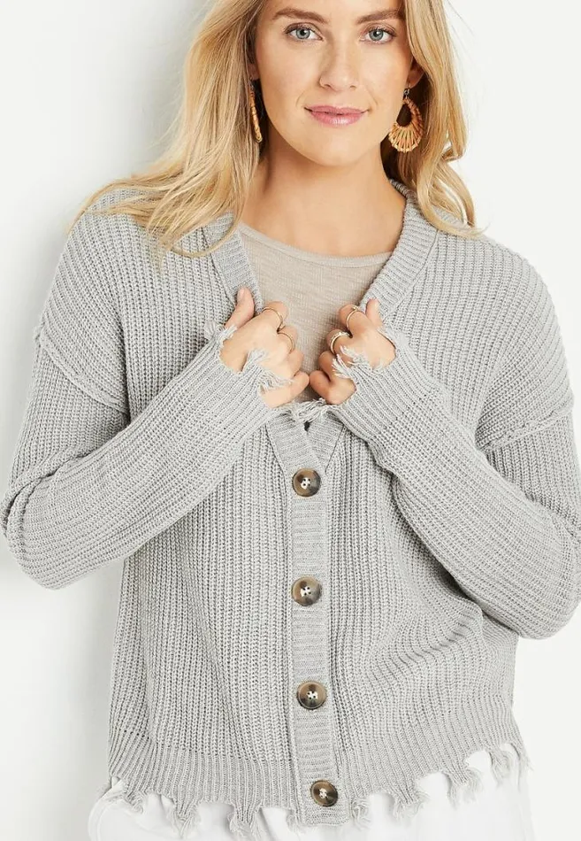 Women Solid Destructed Hem Button Down Cardigan Maurices Tops