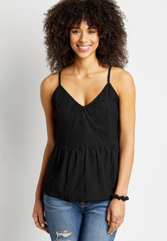 Women Solid Embroidered Lace Up Back Tank Top Maurices Tops