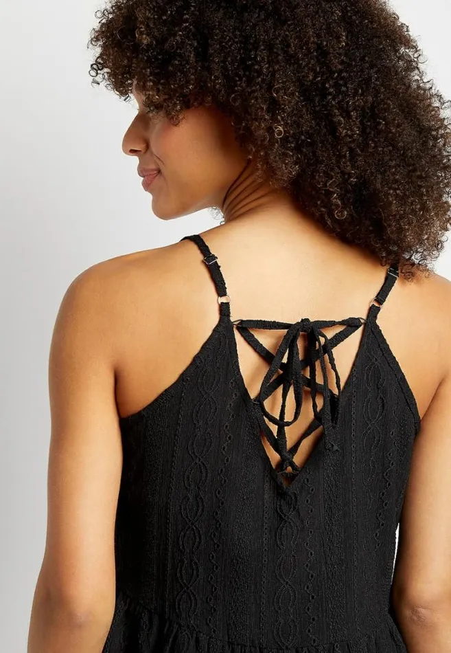 Women Solid Embroidered Lace Up Back Tank Top Maurices Tops