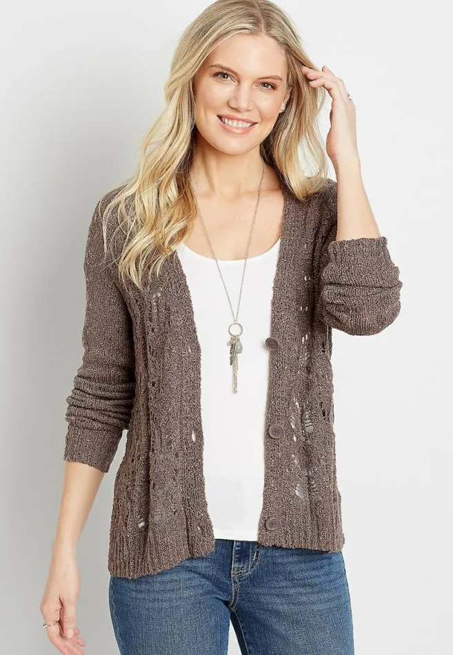 Women Solid Lace Stitch Button Front Cardigan Maurices Tops
