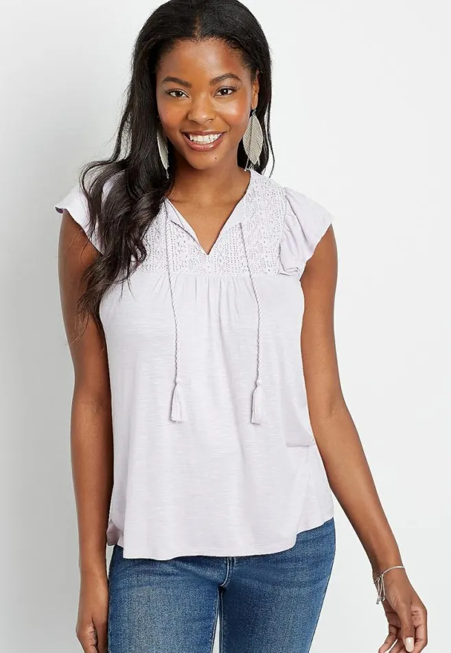 Women Solid Lace Yoke Tassel Top Maurices Tops