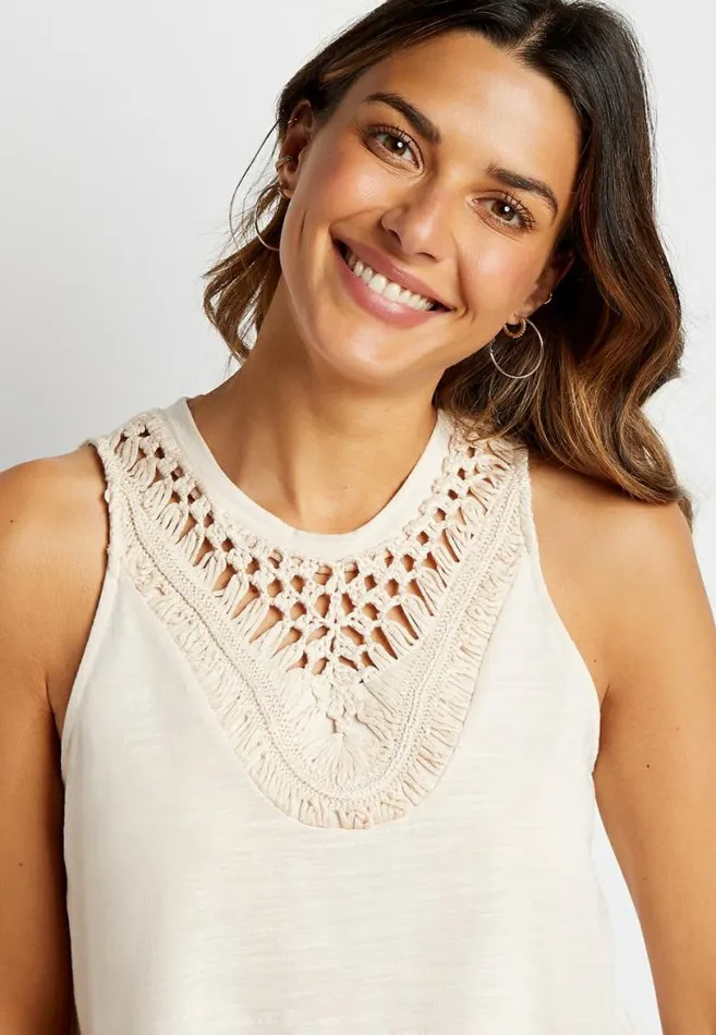 Women Solid Macrame High Neck Tank Top Maurices Tops