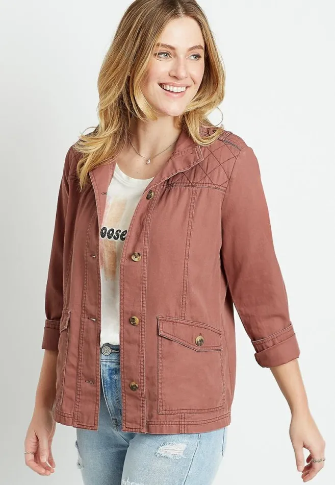 Women Solid Quilted Yoke Utility Jacket Maurices Tops