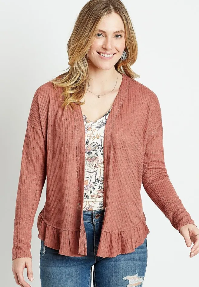 Women Solid Ruffle Hem Open Front Cardigan Maurices Tops