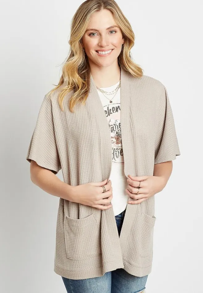 Women Solid Waffle Knit Smocked Back Cardigan Maurices Tops