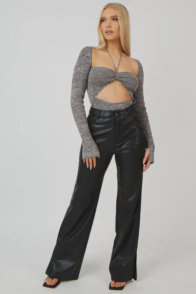 Women Space Dye Cut Out Strappy Long Sleeve Bodysuit Brown Kaiia Brown Public Desire Knitwear