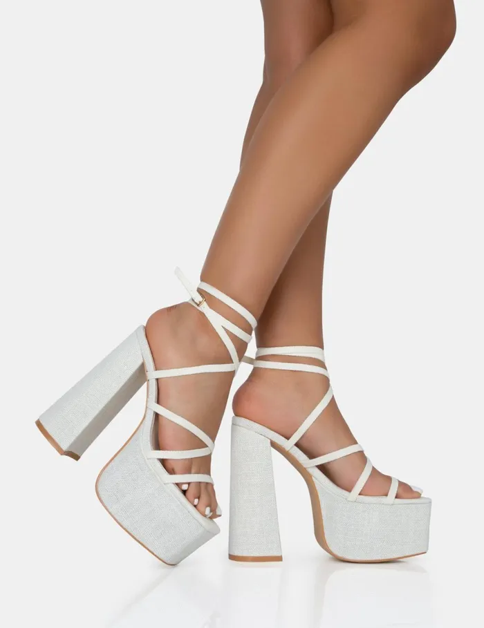 Women Suki Ecru Linen Strappy Platform Square Toe Block Heels Neutral Public Desire Holiday