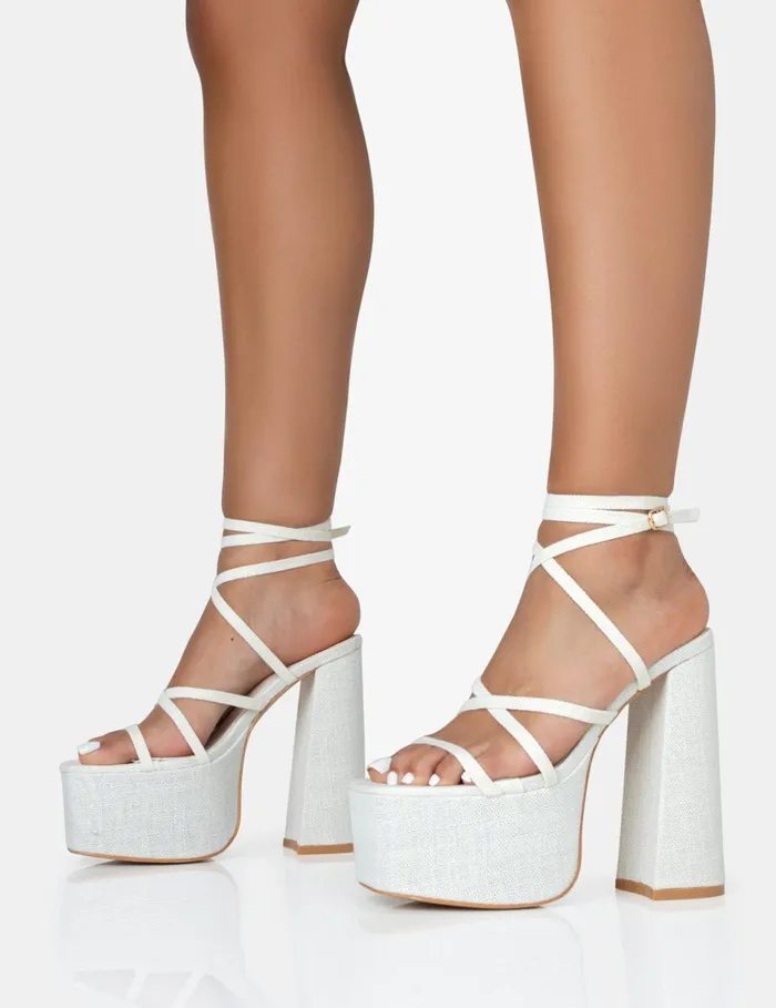 Women Suki Ecru Linen Strappy Platform Square Toe Block Heels Neutral Public Desire Holiday