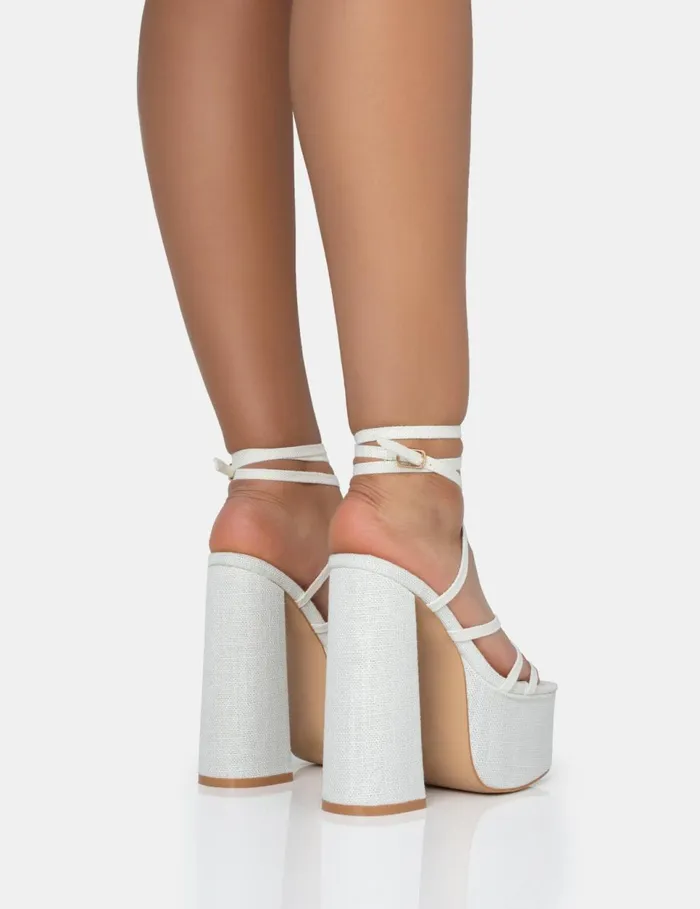 Women Suki Ecru Linen Strappy Platform Square Toe Block Heels Neutral Public Desire Holiday