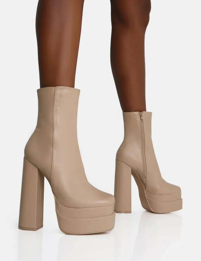 Women Supine Nude PU Chunky Heeled Platform Ankle Boots Neutral Public Desire Ankle Boots Women Supine Nude PU Chunky Heeled Platform Ankle Boots Neutral Public Desire Ankle Boots