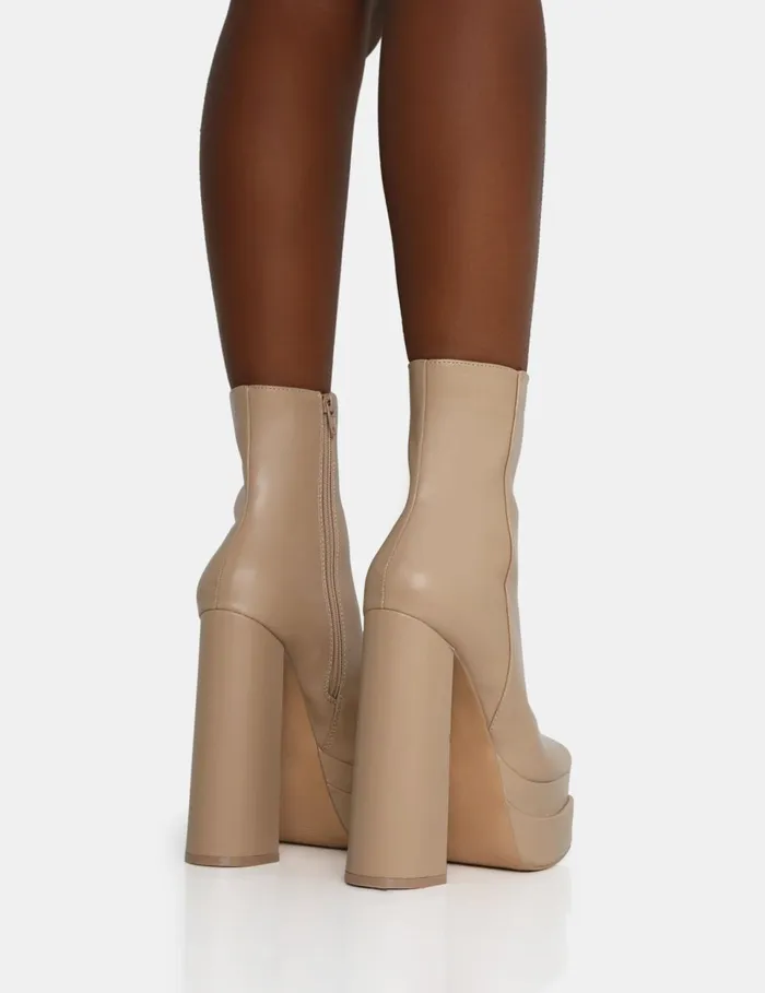 Women Supine Nude PU Chunky Heeled Platform Ankle Boots Neutral Public Desire Ankle Boots