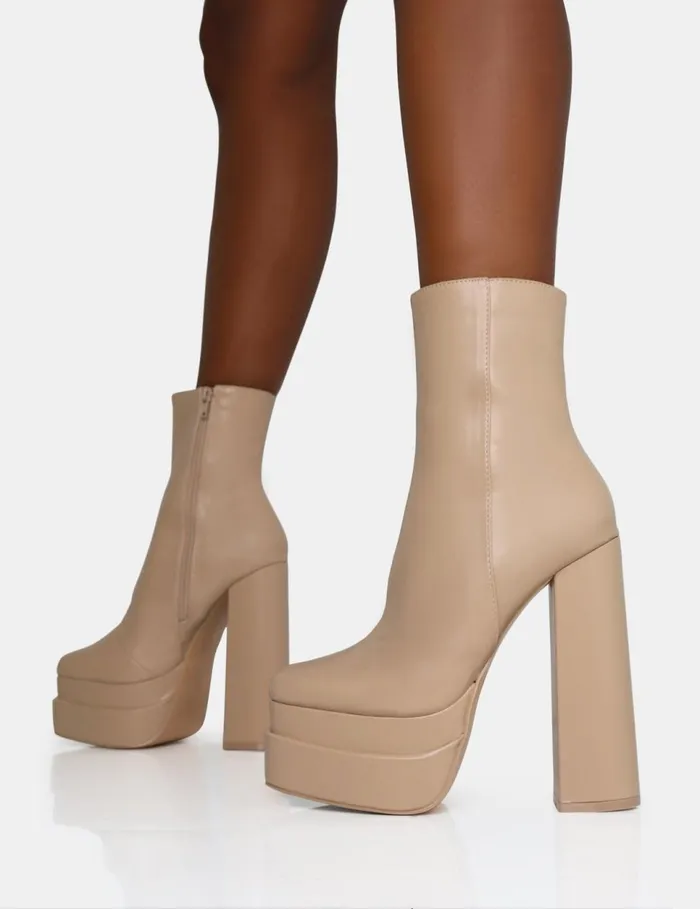 Women Supine Nude PU Chunky Heeled Platform Ankle Boots Neutral Public Desire Ankle Boots