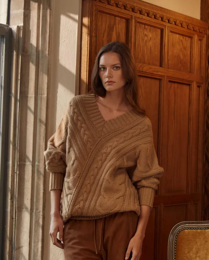 Women Sweaters and Knits Billy Reid Bias Cable Sweater Camel