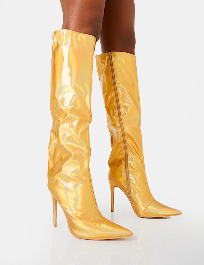 Women Tai Wide Fit Gold Metallic Pointed Toe Stiletto Knee High Boots Gold Public Desire Metallics Women Tai Wide Fit Gold Metallic Pointed Toe Stiletto Knee High Boots Gold Public Desire Metallics