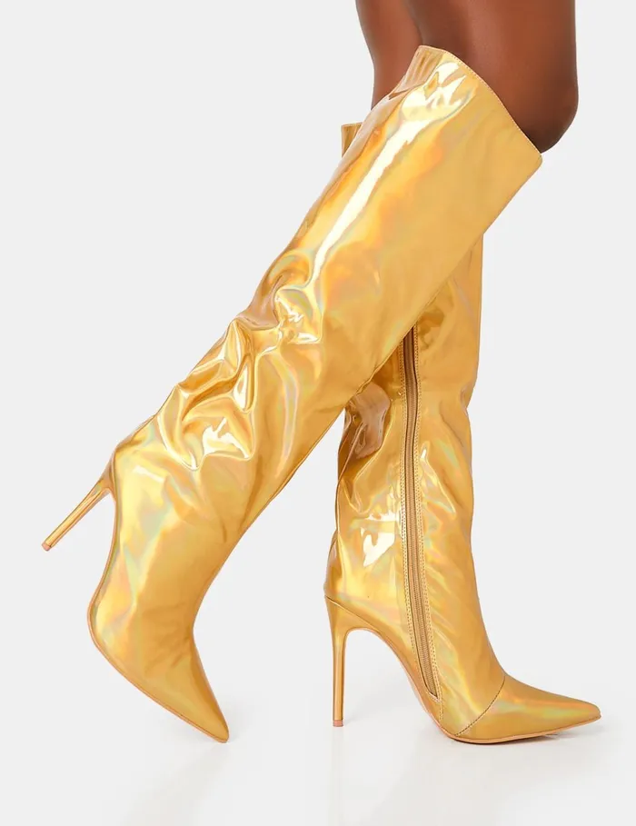 Women Tai Wide Fit Gold Metallic Pointed Toe Stiletto Knee High Boots Gold Public Desire Metallics