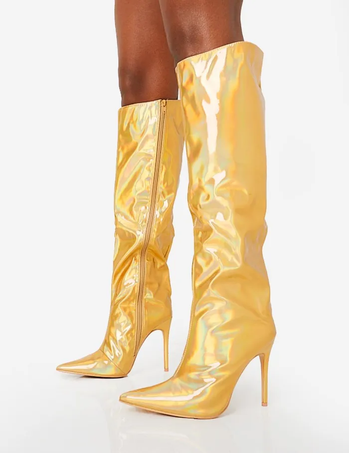 Women Tai Wide Fit Gold Metallic Pointed Toe Stiletto Knee High Boots Gold Public Desire Metallics