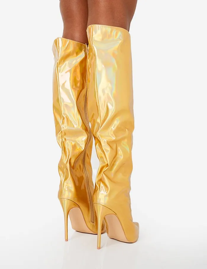 Women Tai Wide Fit Gold Metallic Pointed Toe Stiletto Knee High Boots Gold Public Desire Metallics
