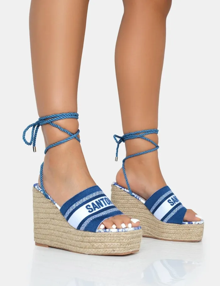 Women Take Off Navy Embroidered Santorini Lace Up Raffia Square Toe Wedge Heels Navy Public Desire Holiday
