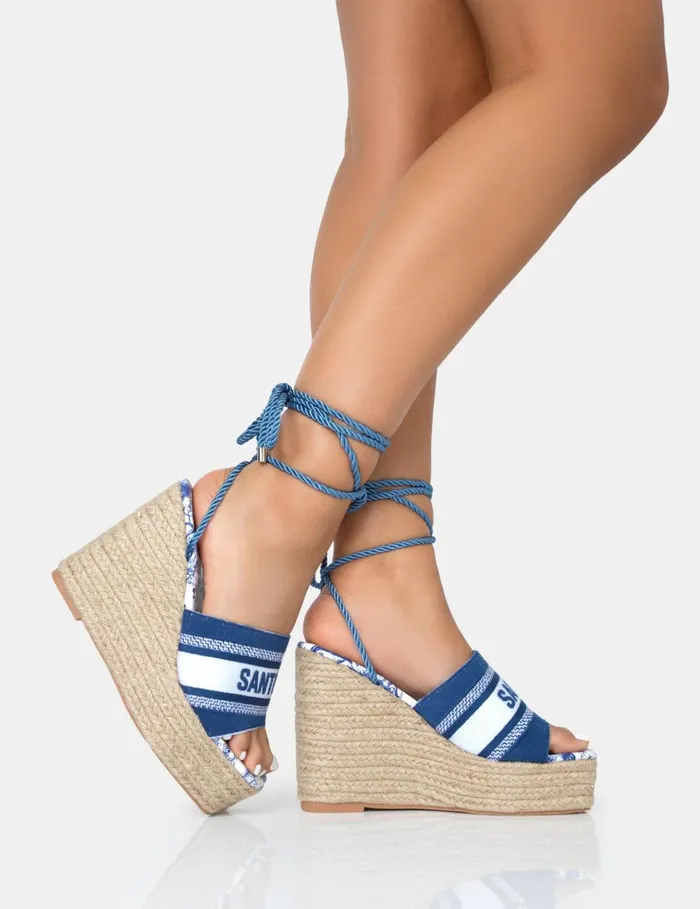 Women Take Off Navy Embroidered Santorini Lace Up Raffia Square Toe Wedge Heels Navy Public Desire Holiday