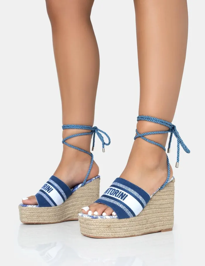 Women Take Off Navy Embroidered Santorini Lace Up Raffia Square Toe Wedge Heels Navy Public Desire Holiday