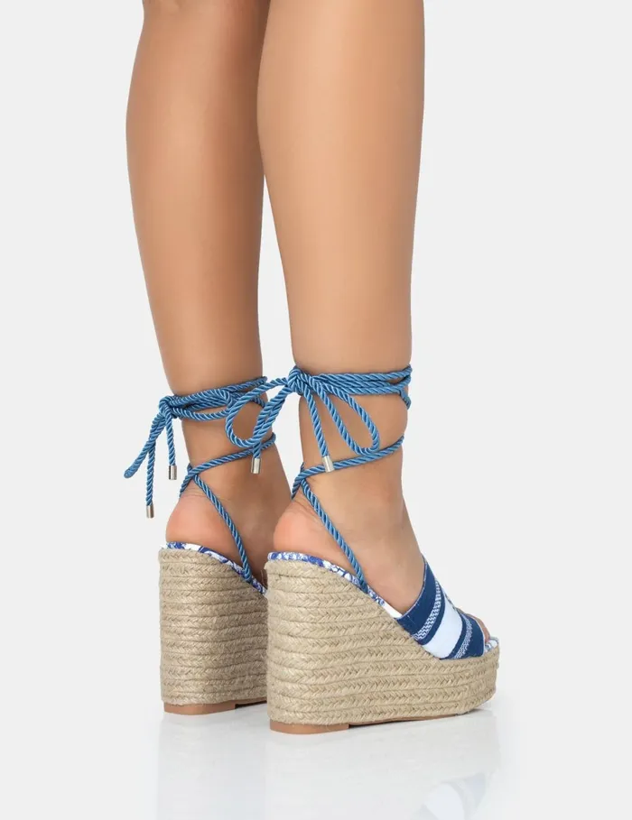Women Take Off Navy Embroidered Santorini Lace Up Raffia Square Toe Wedge Heels Navy Public Desire Holiday