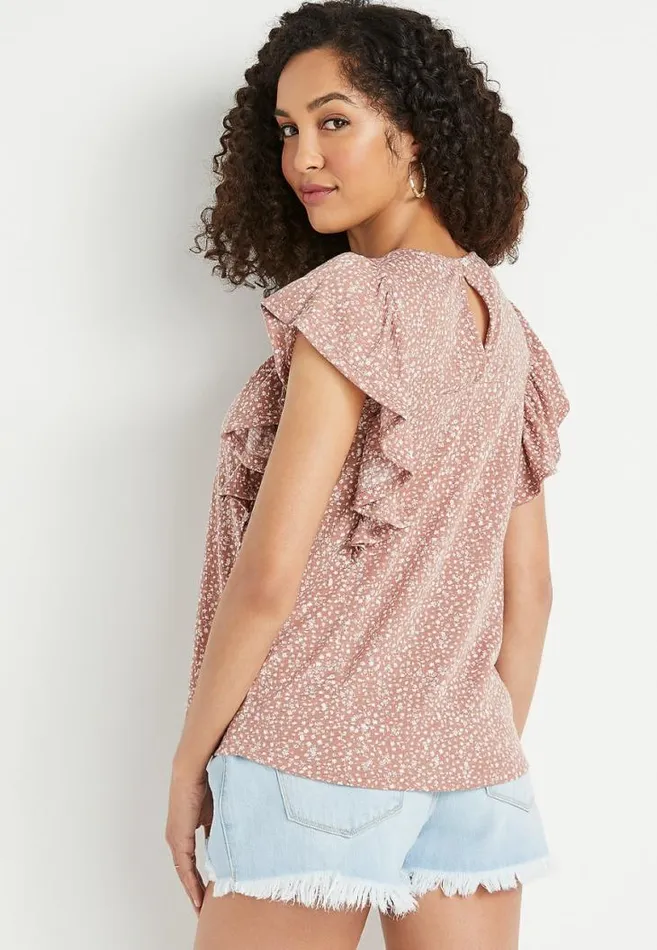Women Tan Floral Smocked Flutter Sleeve Blouse Maurices Tops