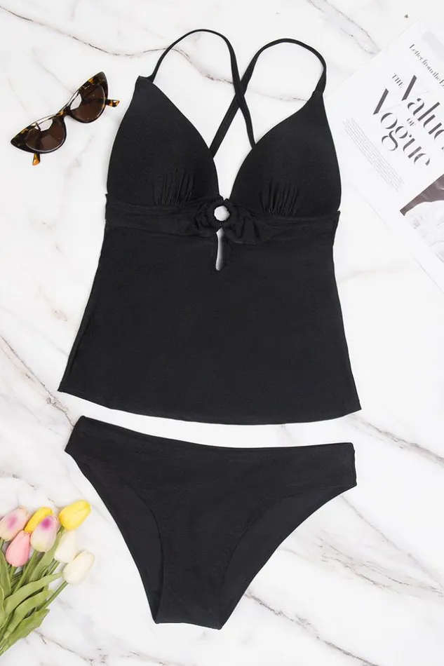 Women Tankini Cupshe Shine Bright Black Oring Tankini Black