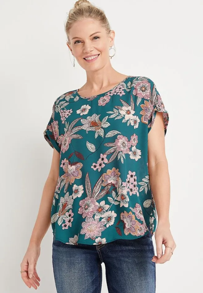 Women Teal Floral Zipper Back Blouse Maurices Tops