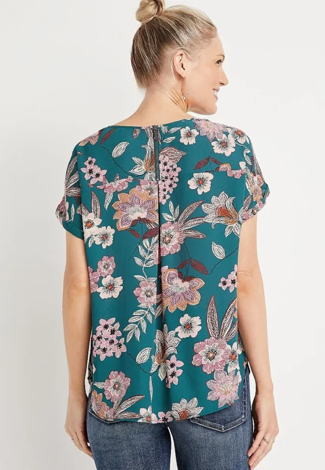 Women Teal Floral Zipper Back Blouse Maurices Tops