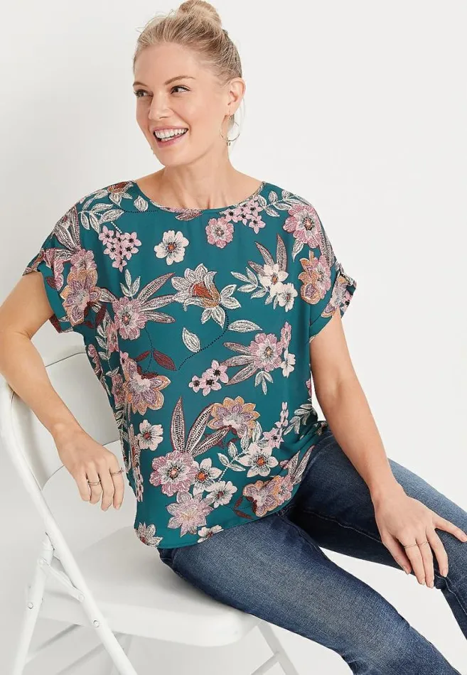 Women Teal Floral Zipper Back Blouse Maurices Tops