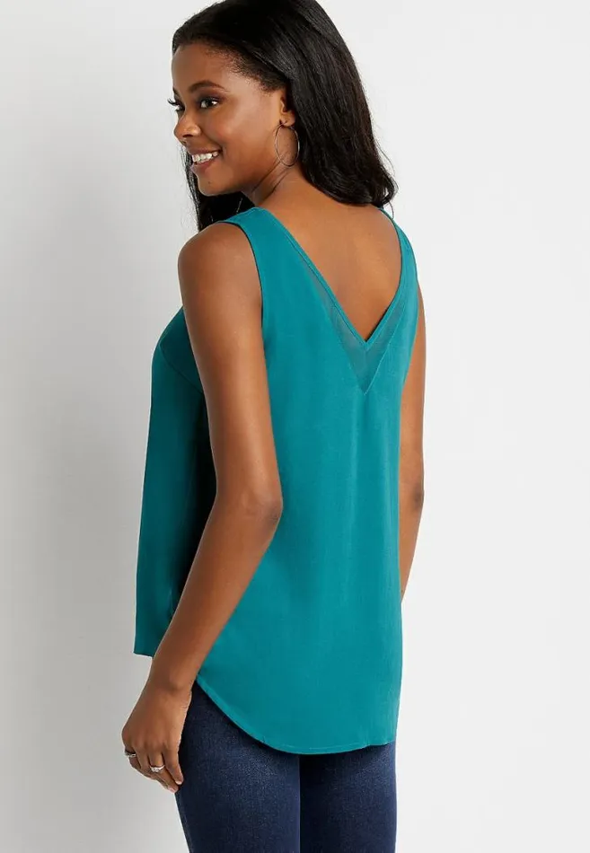 Women Teal Sheer Inset V Neck Tank Top Maurices Tops