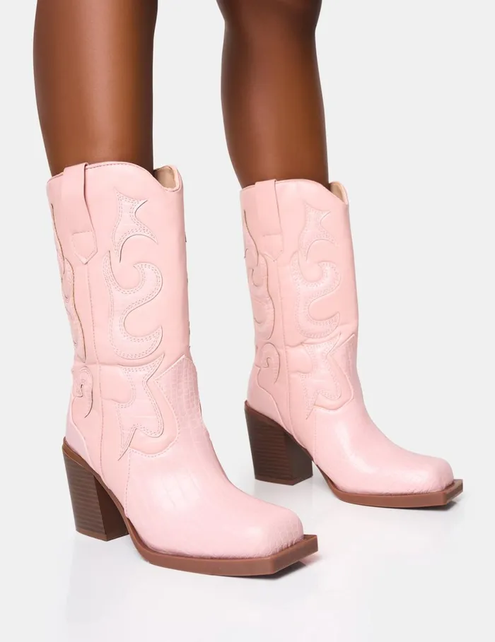 Women Texas Pink Western Block Heel Ankle Boots Pink Public Desire Heeled Boots