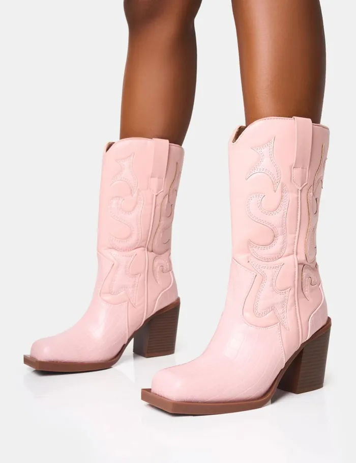 Women Texas Pink Western Block Heel Ankle Boots Pink Public Desire Heeled Boots