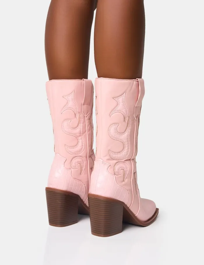 Women Texas Pink Western Block Heel Ankle Boots Pink Public Desire Heeled Boots