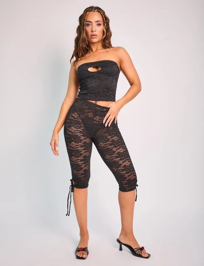 Women Tie Detail Lace Capri Leggings Black Black Public Desire Festival
