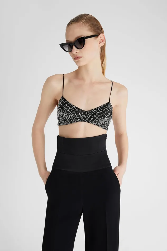 Women Tops and Shirts Ermanno Scervino Designer Silk Deconstructed Bra With Crystals 8211 Ermanno Scervino Black