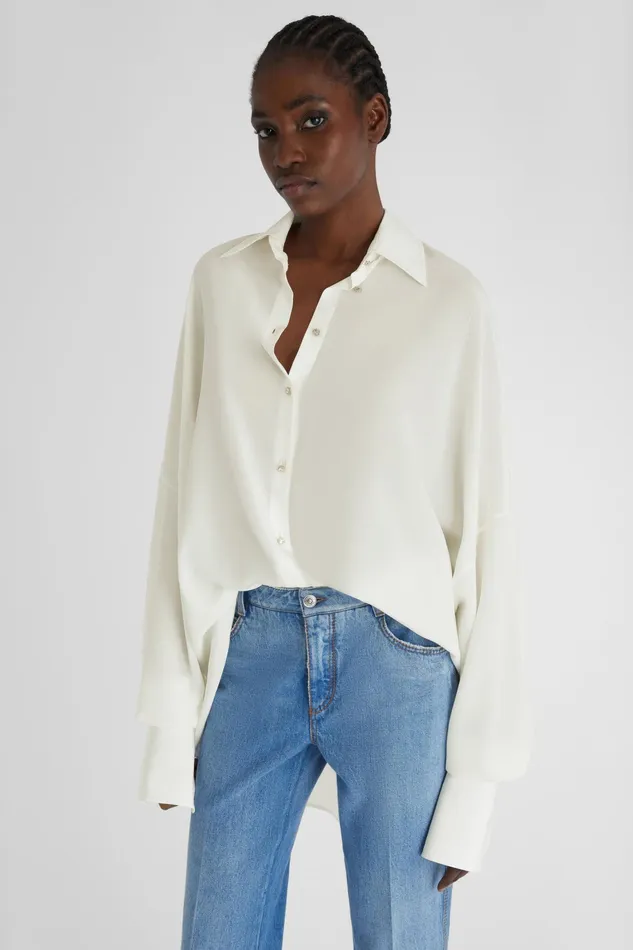 Women Tops and Shirts Ermanno Scervino Long Oversize Silk Shirt With Jewelled Buttons