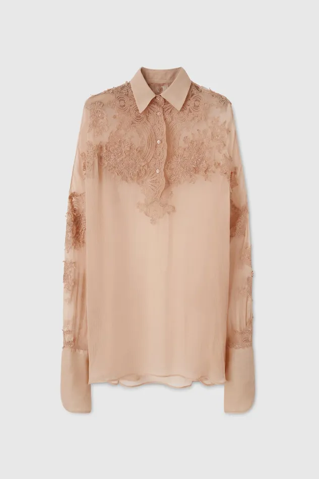 Women Tops and Shirts Ermanno Scervino Oversize Silk Shirt With Lace Brown