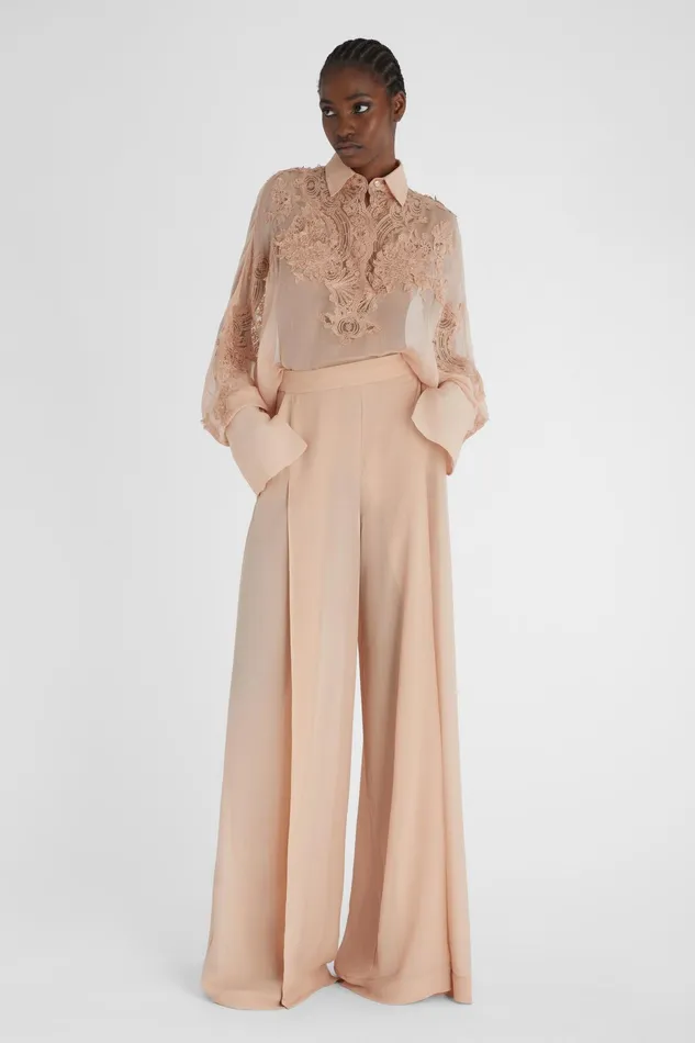 Women Tops and Shirts Ermanno Scervino Oversize Silk Shirt With Lace Brown