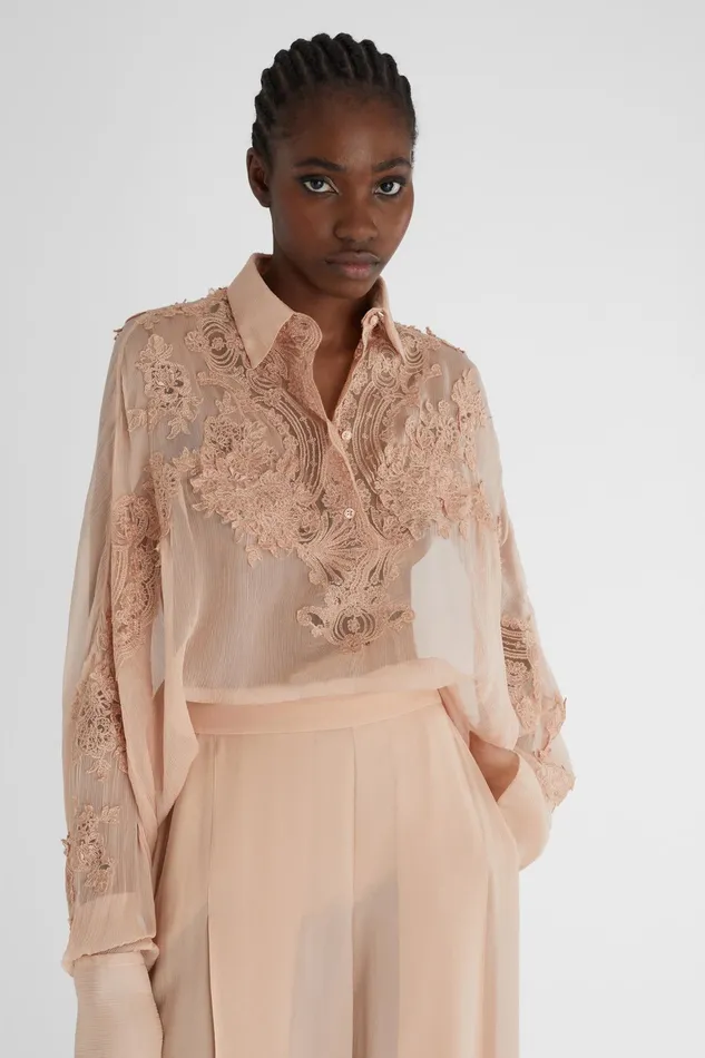 Women Tops and Shirts Ermanno Scervino Oversize Silk Shirt With Lace Brown
