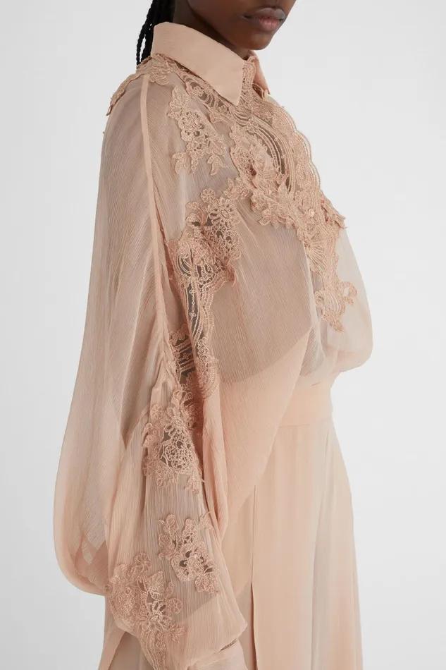 Women Tops and Shirts Ermanno Scervino Oversize Silk Shirt With Lace Brown