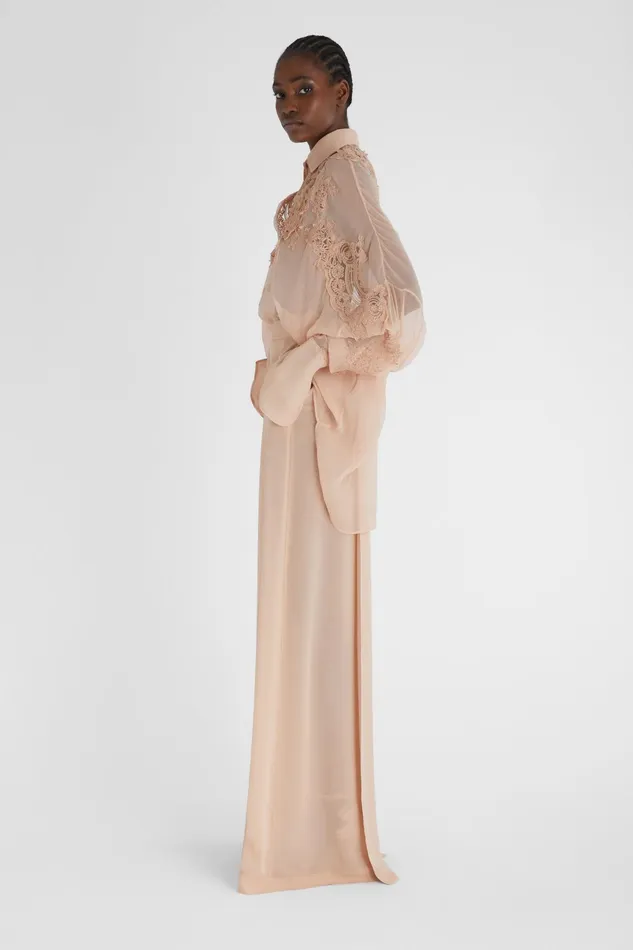 Women Tops and Shirts Ermanno Scervino Oversize Silk Shirt With Lace Brown