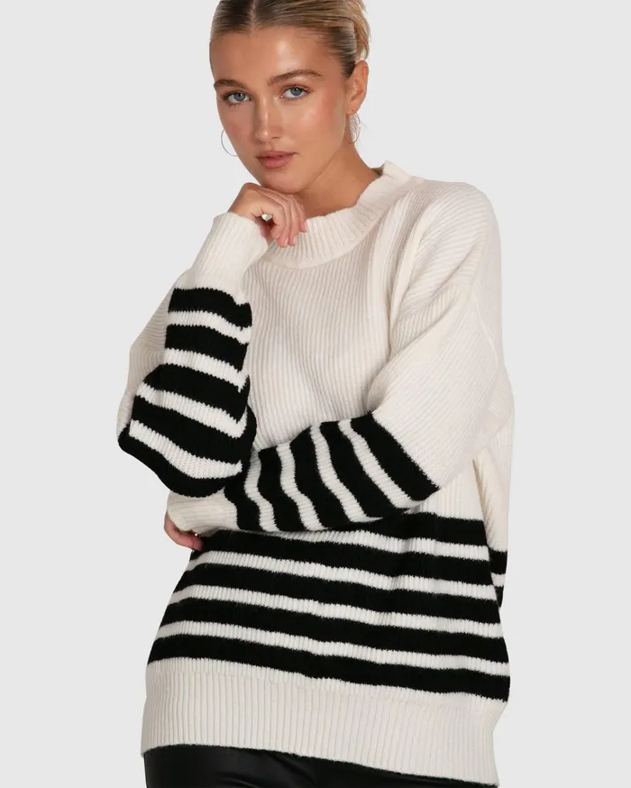 Women Tops Belle and Bloom Everything I Do Oversize Striped Knit 8211 Black White