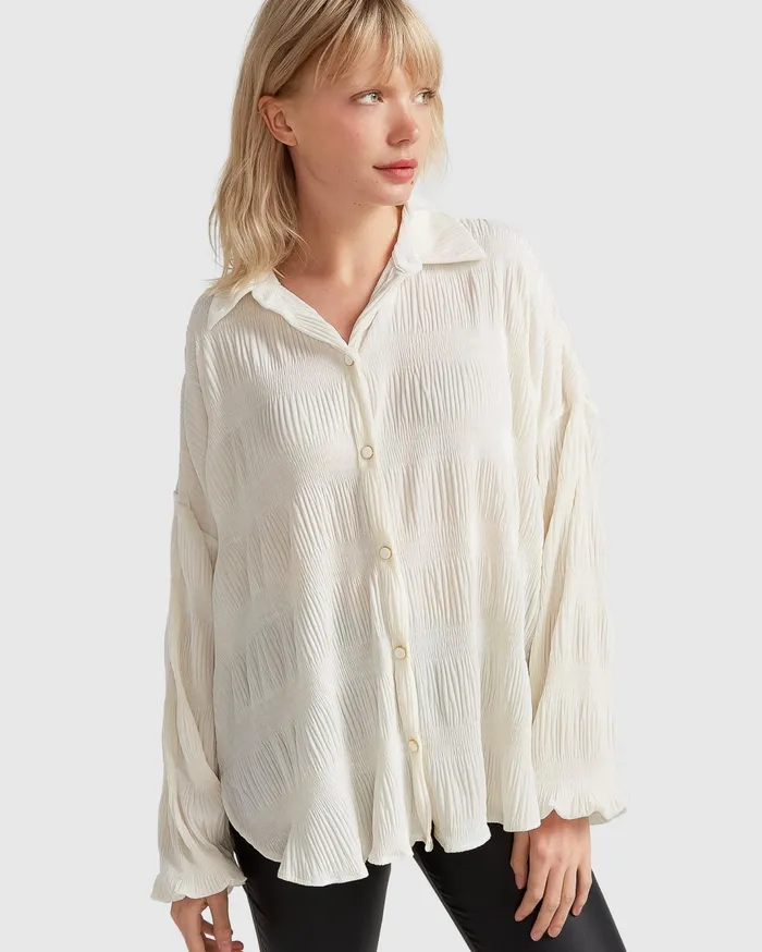 Women Tops Belle and Bloom Serenade Velvet Plisse Shirt 8211 OffWhite